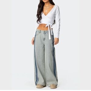 Edikted Women's Gray Denim with Blue Stripe Wide Leg Jeans